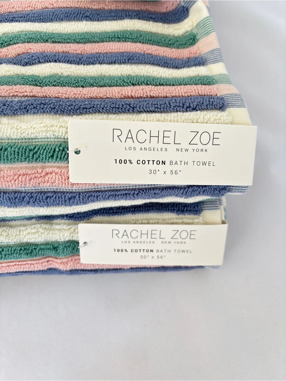 NWT Rachel Zoe Cotton Bath Towels Set of 2 Retro Pastel Striped Ribbed Coastal